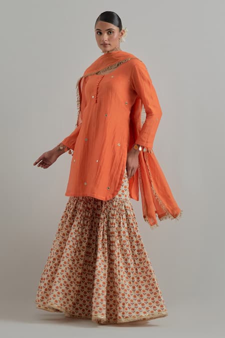 Ikshita Choudhary Orange Chanderi, Cambric, Cotton Embroidery Block Printed Kurta Gharara Set