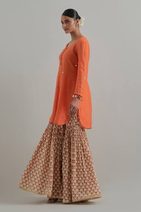 Buy_Ikshita Choudhary_Orange Chanderi, Cambric, Cotton Embroidery Block Printed Kurta Gharara Set 