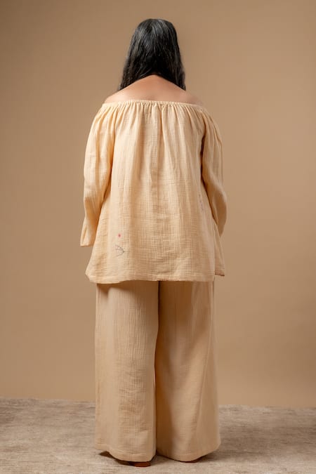 Shop Doodlage Beige Cotton Embroidery Organic Pant at Aza Fashions Shop_Doodlage_Beige Cotton Embroidery Organic Pant _at_Aza_Fashions