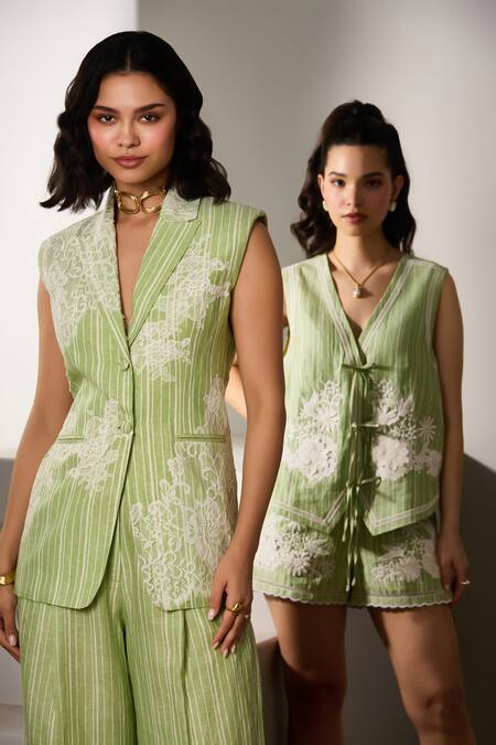 Label Deepika Nagpal Green Cotton, Linen Embroidery V-neck Montauk Shorts Co-ord Set at Aza Fashions Label Deepika Nagpal_Green Cotton, Linen Embroidery V-neck Montauk Shorts Co-ord Set _at_Aza_Fashions
