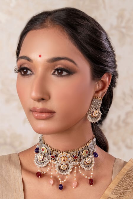 Anana Multi Color Pearls, Stones Two Multicoloured Choker And Earrings Set 