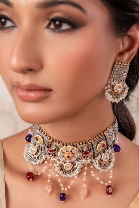Shop Anana Multi Color Pearls, Stones Two Multicoloured Choker And Earrings Set at Aza Fashions Shop_Anana_Multi Color Pearls, Stones Two Multicoloured Choker And Earrings Set _at_Aza_Fashions