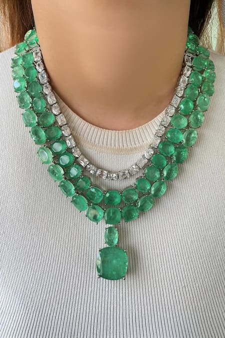 Prerto Mint Green Diamond 3 Layer Necklace Set 