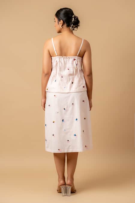 Shop Doodlage Pink Linen Embroidery Square Neck Top And Skirt Set at Aza Fashions Shop_Doodlage_Pink Linen Embroidery Square Neck Top And Skirt Set _at_Aza_Fashions