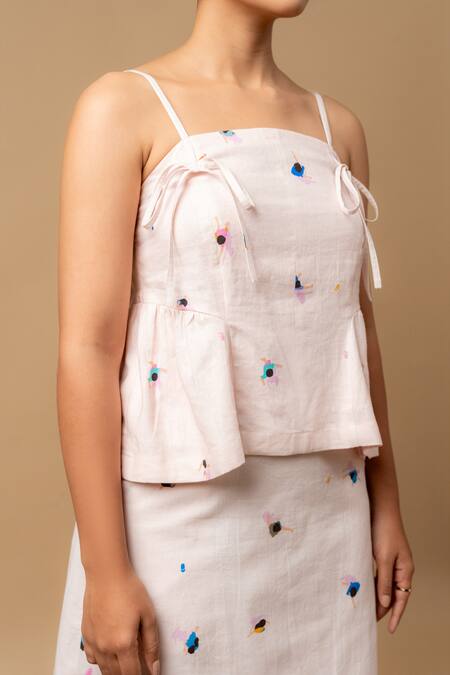 Shop Doodlage Pink Linen Embroidery Square Neck Top And Skirt Set Online at Aza Fashions Shop_Doodlage_Pink Linen Embroidery Square Neck Top And Skirt Set _Online_at_Aza_Fashions