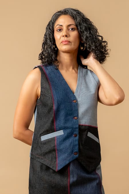 Doodlage_Blue Denim V-neck Patchwork Waistcoat And Skirt Set _Online_at_Aza_Fashions