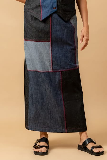 Buy_Doodlage_Blue Denim V-neck Patchwork Waistcoat And Skirt Set _Online_at_Aza_Fashions