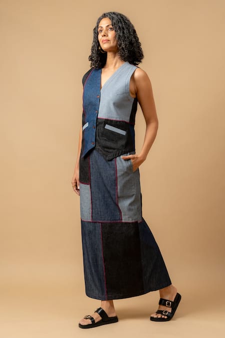 Shop_Doodlage_Blue Denim V-neck Patchwork Waistcoat And Skirt Set _Online_at_Aza_Fashions