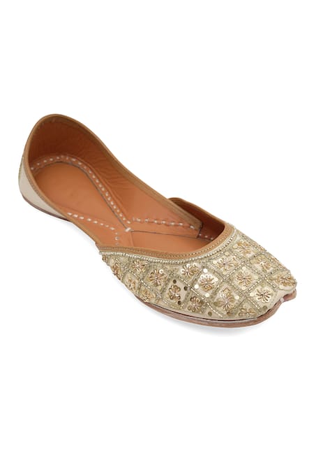 NR By Nidhi Rathi Gold Handcrafted Embroidered Leather Juttis 