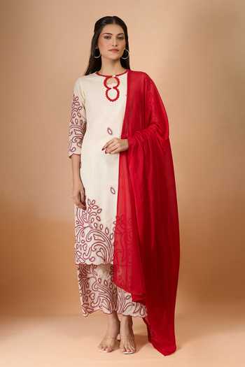 Shop_Samyukta Singhania_Off White Cotton Embroidery Round Neck Kurta Set With Dupatta _Online_at_Aza_Fashions