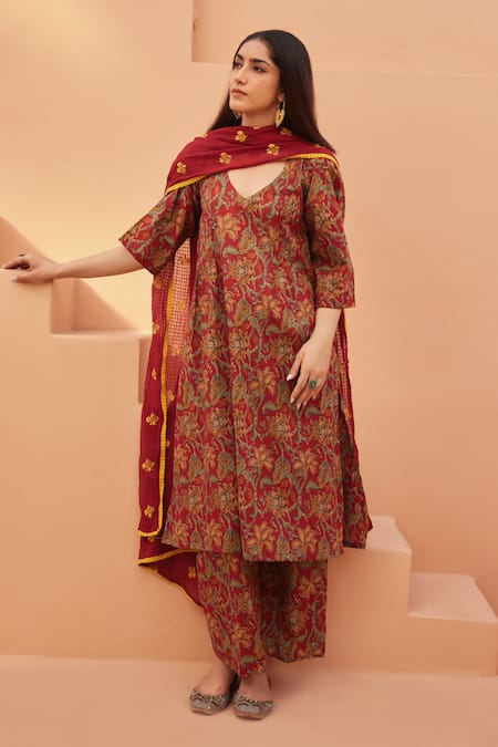 Gulabo Jaipur Red Floral Print Kurta Pant Set 