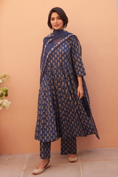 Gulabo Jaipur_Blue Cotton Embroidery V-neck Designer Anarkali Set _Online_at_Aza_Fashions
