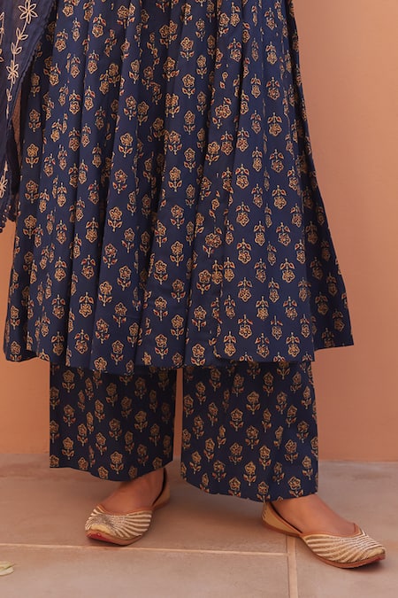 Shop_Gulabo Jaipur_Blue Cotton Embroidery V-neck Designer Anarkali Set _Online_at_Aza_Fashions