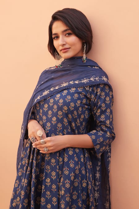 Gulabo Jaipur_Blue Cotton Embroidery V-neck Designer Anarkali Set _at_Aza_Fashions