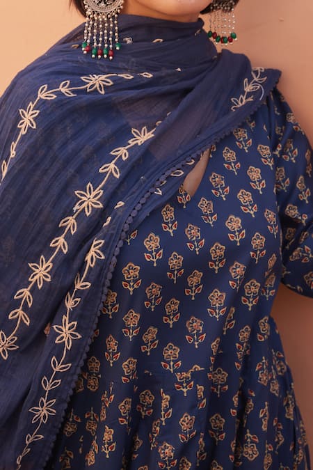 Buy_Gulabo Jaipur_Blue Cotton Embroidery V-neck Designer Anarkali Set 