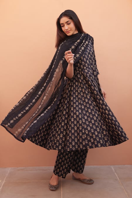 Gulabo Jaipur Black Cotton Anarkali Set with Dupatta 