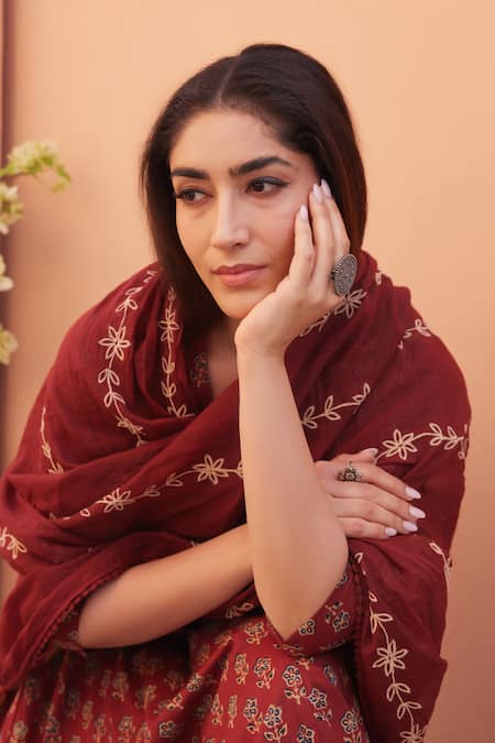 Gulabo Jaipur_Red Cotton Embroidery Round Neck Designer Anarkali Set _Online_at_Aza_Fashions