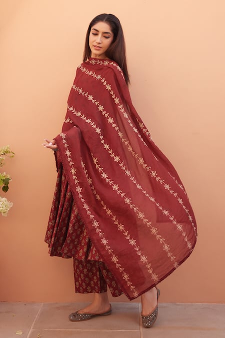 Shop_Gulabo Jaipur_Red Cotton Embroidery Round Neck Designer Anarkali Set _Online_at_Aza_Fashions