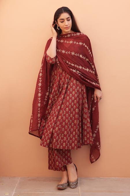 Gulabo Jaipur_Red Cotton Embroidery Round Neck Designer Anarkali Set _at_Aza_Fashions