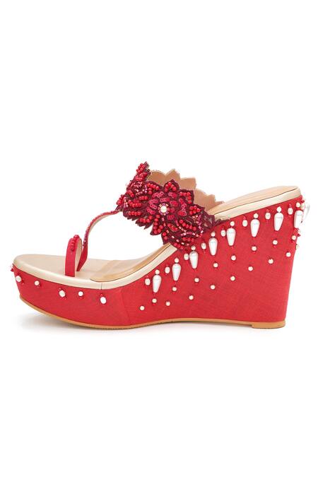 Sole House_Red Beads, Fabric Flowers Scarlet Elegance Wedges_Online_at_Aza_Fashions