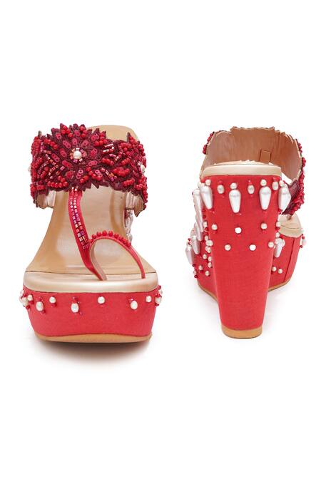 Buy_Sole House_Red Beads, Fabric Flowers Scarlet Elegance Wedges_Online_at_Aza_Fashions