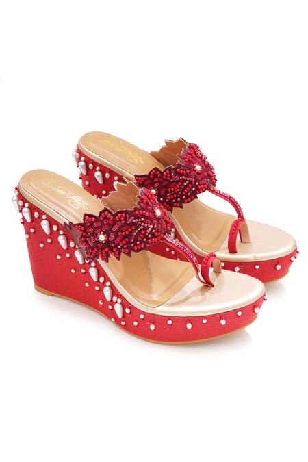 Shop_Sole House_Red Beads, Fabric Flowers Scarlet Elegance Wedges_Online_at_Aza_Fashions