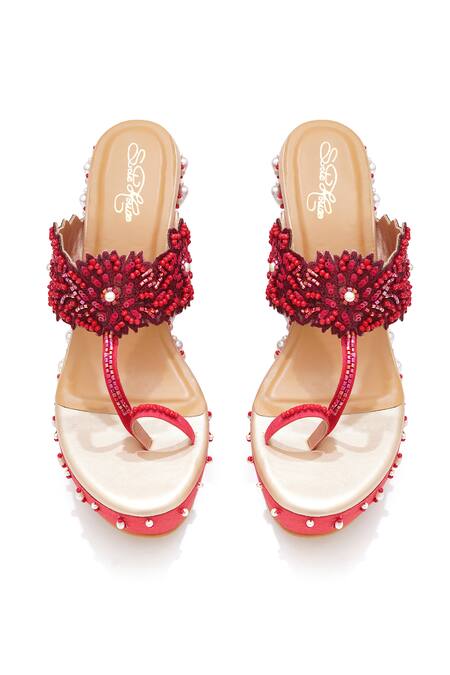Sole House_Red Beads, Fabric Flowers Scarlet Elegance Wedges_at_Aza_Fashions