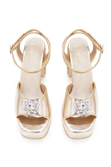 Sole House_Gold Rhinestones Glam Block Heels _at_Aza_Fashions