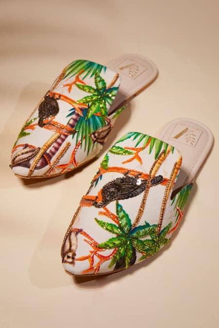 House Of Vian Beige Embroidery Happy Hornbill Designer Mules