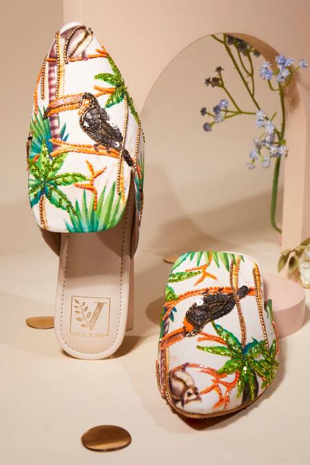 Buy_House Of Vian_Beige Embroidery Happy Hornbill Designer Mules _Online_at_Aza_Fashions