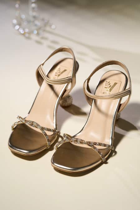 House Of Vian Gold Rhinestones Faux Leather Heels 