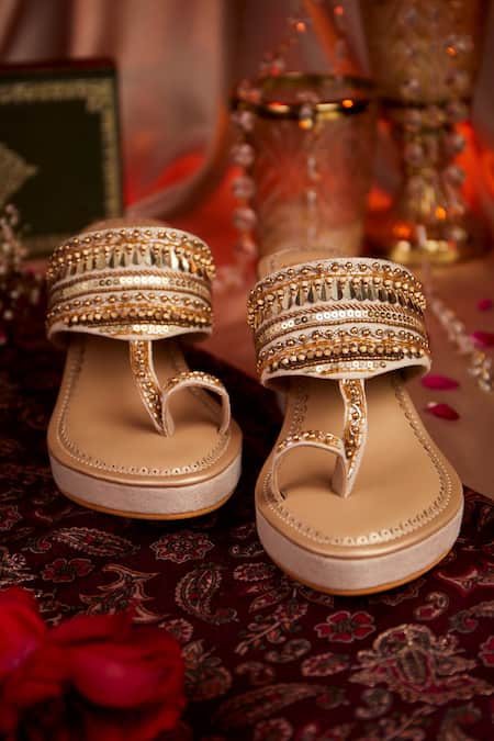 Shop House Of Vian Gold Beads Designer Embellished Wedges at Aza Fashions Shop_House Of Vian_Gold Beads Designer Embellished Wedges _at_Aza_Fashions