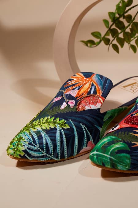 House Of Vian Green Parrot Paradise Canvas Mules Online at Aza Fashions House Of Vian_Green Parrot Paradise Canvas Mules _Online_at_Aza_Fashions