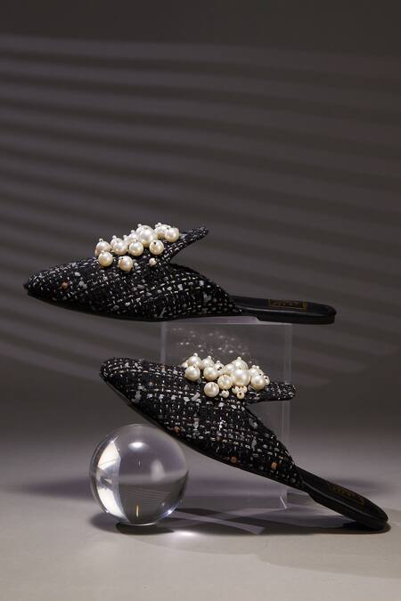 House Of Vian Black Pearl Embellished Tweed Mules Online at Aza Fashions House Of Vian_Black Pearl Embellished Tweed Mules _Online_at_Aza_Fashions