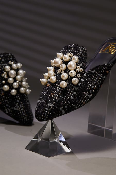 Buy House Of Vian Black Pearl Embellished Tweed Mules Online at Aza Fashions Buy_House Of Vian_Black Pearl Embellished Tweed Mules _Online_at_Aza_Fashions