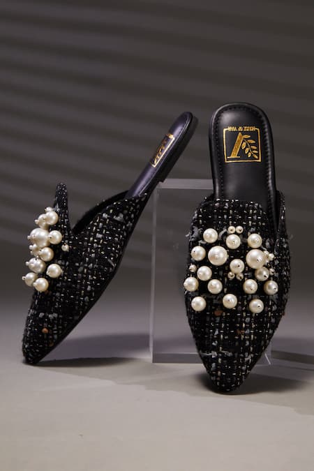 House Of Vian Pearl Embellished Black Tweed Mules
