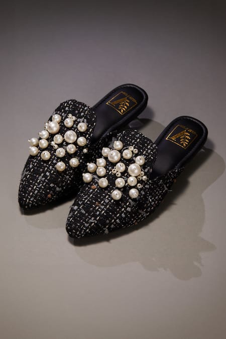 House Of Vian Black Pearl Embellished Tweed Mules 