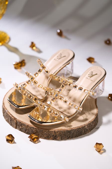 House Of Vian Gold Crystals Faux Leather Designer Heels