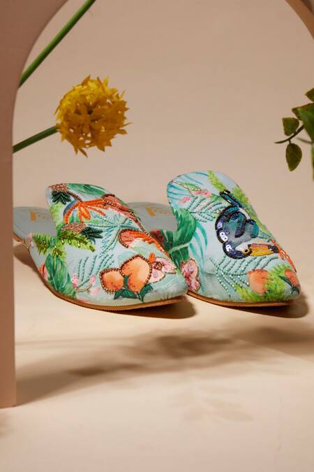 House Of Vian_Blue Tropical Toucan Embroidered Mules _Online_at_Aza_Fashions