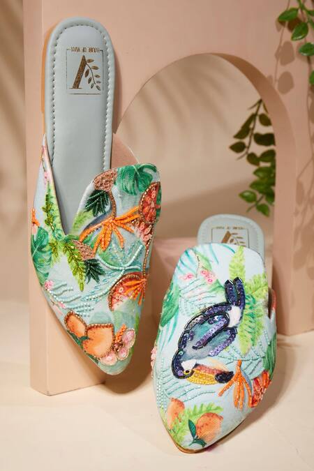 Buy_House Of Vian_Blue Tropical Toucan Embroidered Mules _Online_at_Aza_Fashions