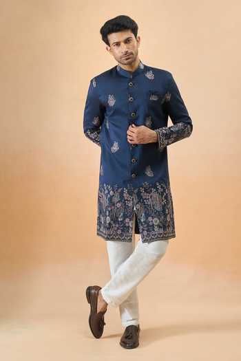 Buy Arihant Rai Sinha Blue Silk Embroidery Thread Sherwani Set Online at Aza Fashions Buy_Arihant Rai Sinha_Blue Silk Embroidery Thread Sherwani Set _Online_at_Aza_Fashions