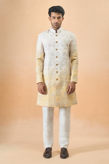 Buy_Arihant Rai Sinha_Cream Silk Embroidery And Yellow Sherwani Set _Online_at_Aza_Fashions