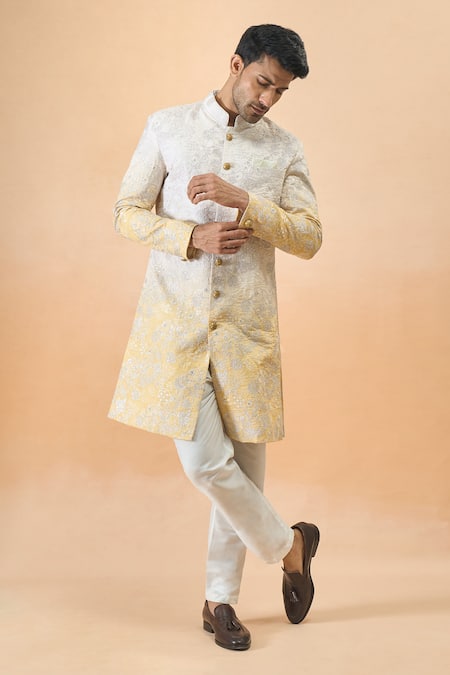 Shop_Arihant Rai Sinha_Cream Silk Embroidery And Yellow Sherwani Set _Online_at_Aza_Fashions