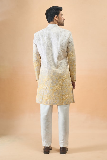 Arihant Rai Sinha Cream & Yellow Embroidered Sherwani Set 