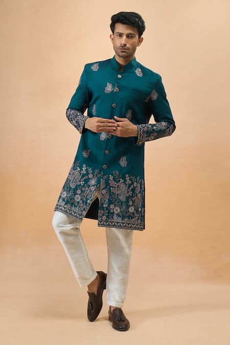 Arihant Rai Sinha_Blue Silk Embroidery Sherwani And Pant Set _Online_at_Aza_Fashions