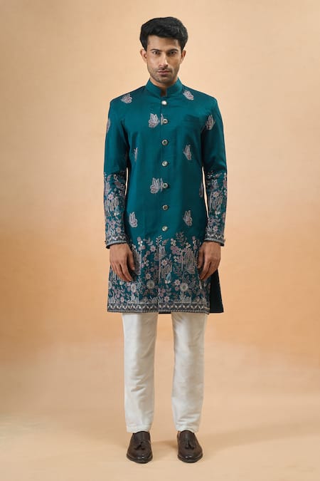 Buy_Arihant Rai Sinha_Blue Silk Embroidery Sherwani And Pant Set _Online_at_Aza_Fashions