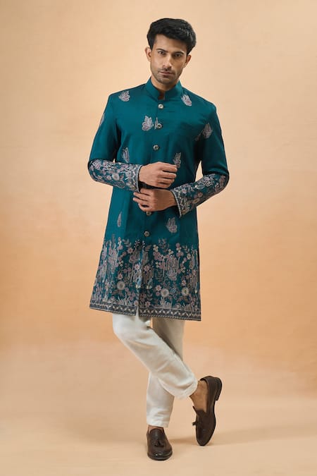 Shop_Arihant Rai Sinha_Blue Silk Embroidery Sherwani And Pant Set _Online_at_Aza_Fashions