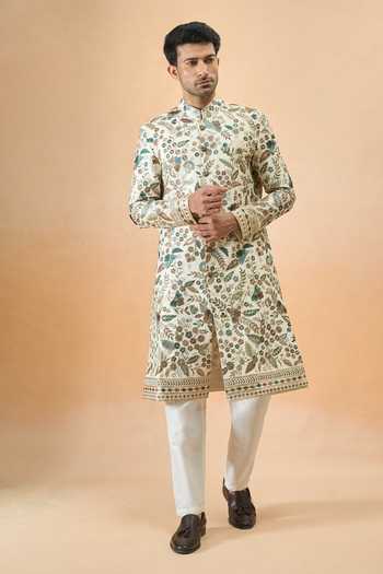 Shop Arihant Rai Sinha Cream Silk Embroidery Thread Sherwani Set Online at Aza Fashions Shop_Arihant Rai Sinha_Cream Silk Embroidery Thread Sherwani Set _Online_at_Aza_Fashions