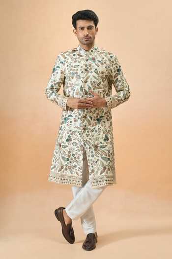 Arihant Rai Sinha Cream Silk Embroidery Thread Sherwani Set at Aza Fashions Arihant Rai Sinha_Cream Silk Embroidery Thread Sherwani Set _at_Aza_Fashions