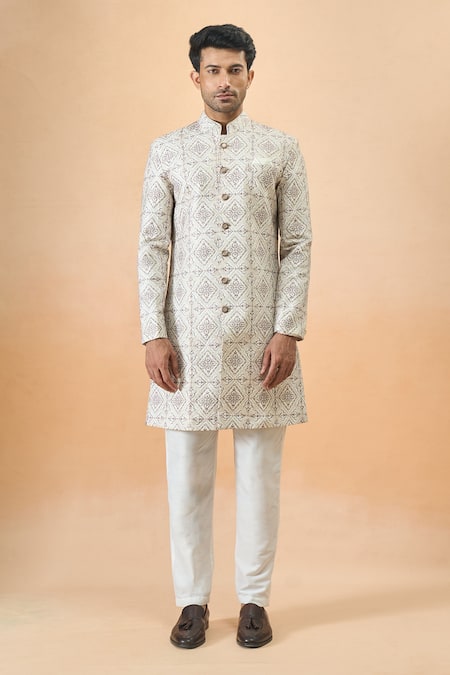 Shop Arihant Rai Sinha Cream Silk, Acrylic Embroidery Sherwani Set Online at Aza Fashions Shop_Arihant Rai Sinha_Cream Silk, Acrylic Embroidery Sherwani Set _Online_at_Aza_Fashions